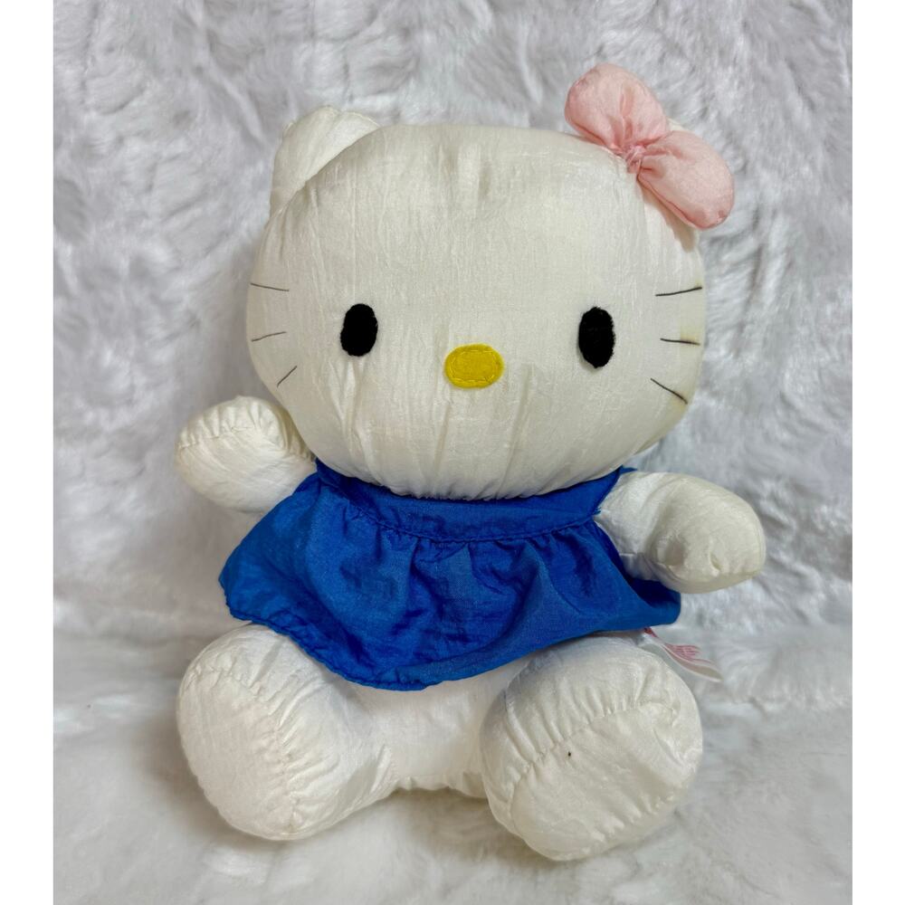 Vintage Early 90’s Sanrio Hello Kitty Plush Toy Shiny Nylon Blue Dress 9 inches